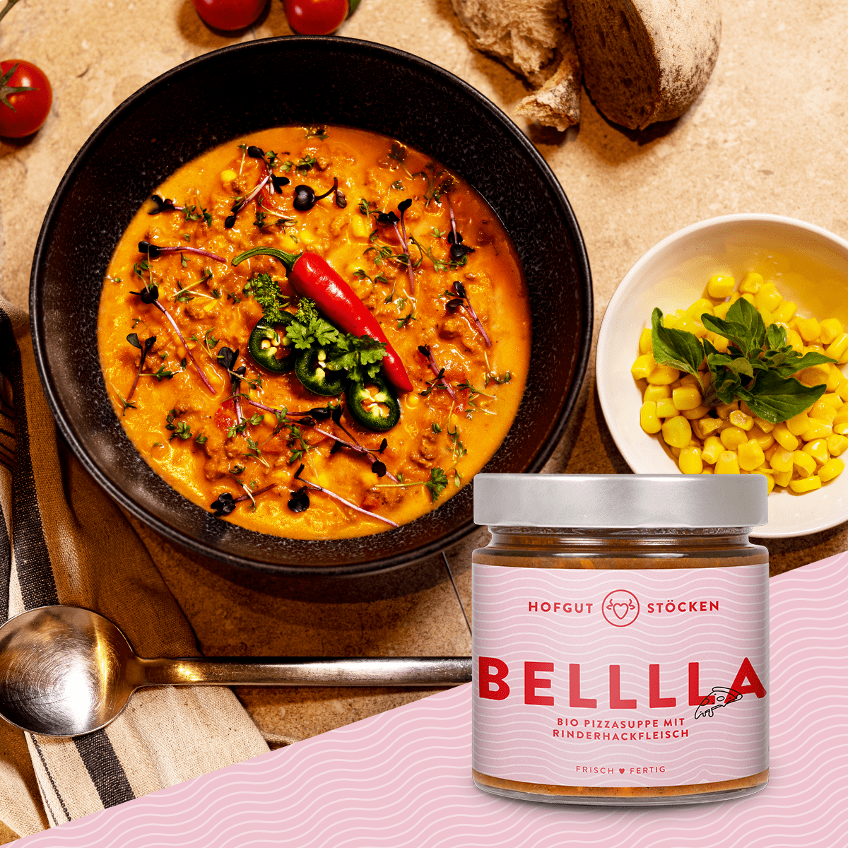 BELLLLA - Bio-Pizzasuppe mit Rinderhackfleisch
