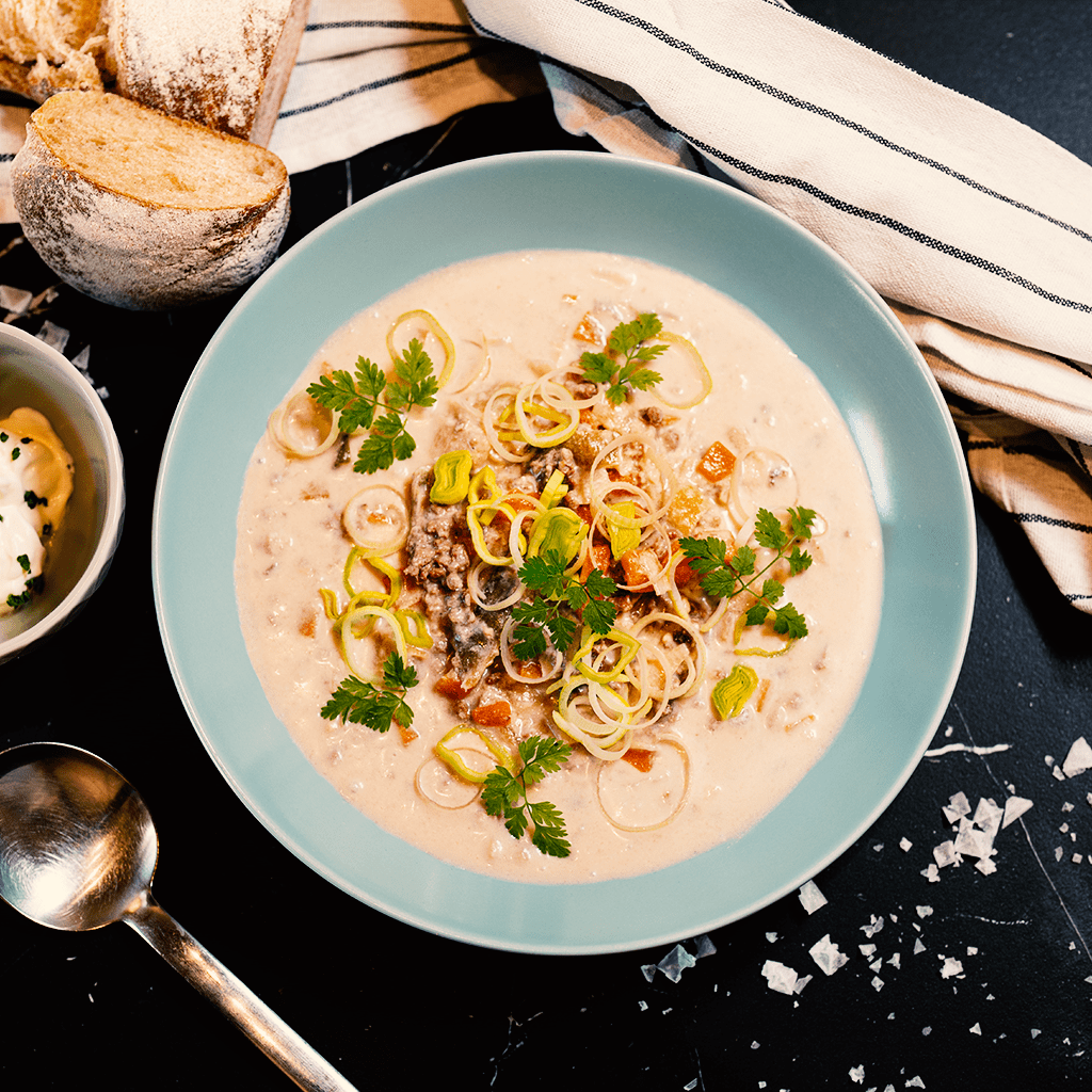 OHOOO – Bio-Rinderhack-Lauch-Käse-Suppe