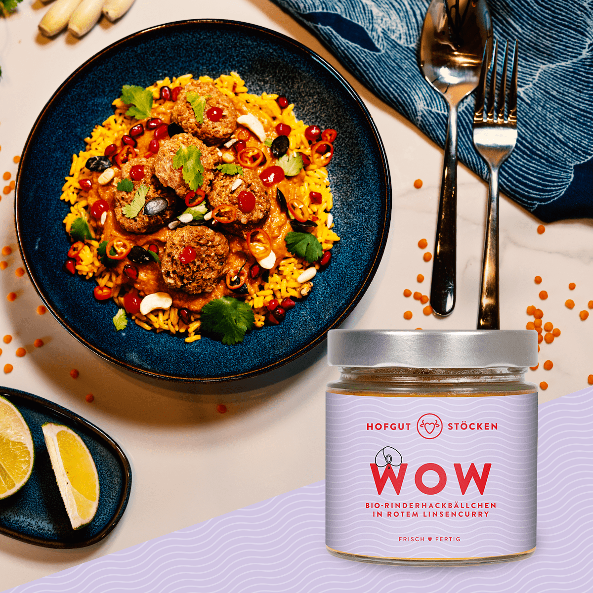WOW – Bio-Rinderhackbällchen in rotem Linsencurry
