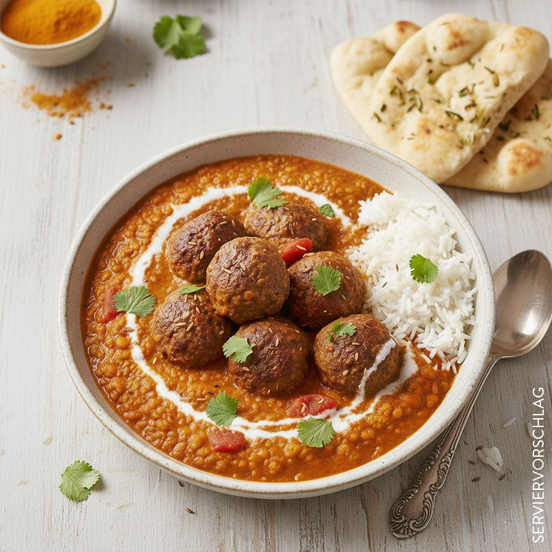 WOW – Bio-Rinderhackbällchen in rotem Linsencurry