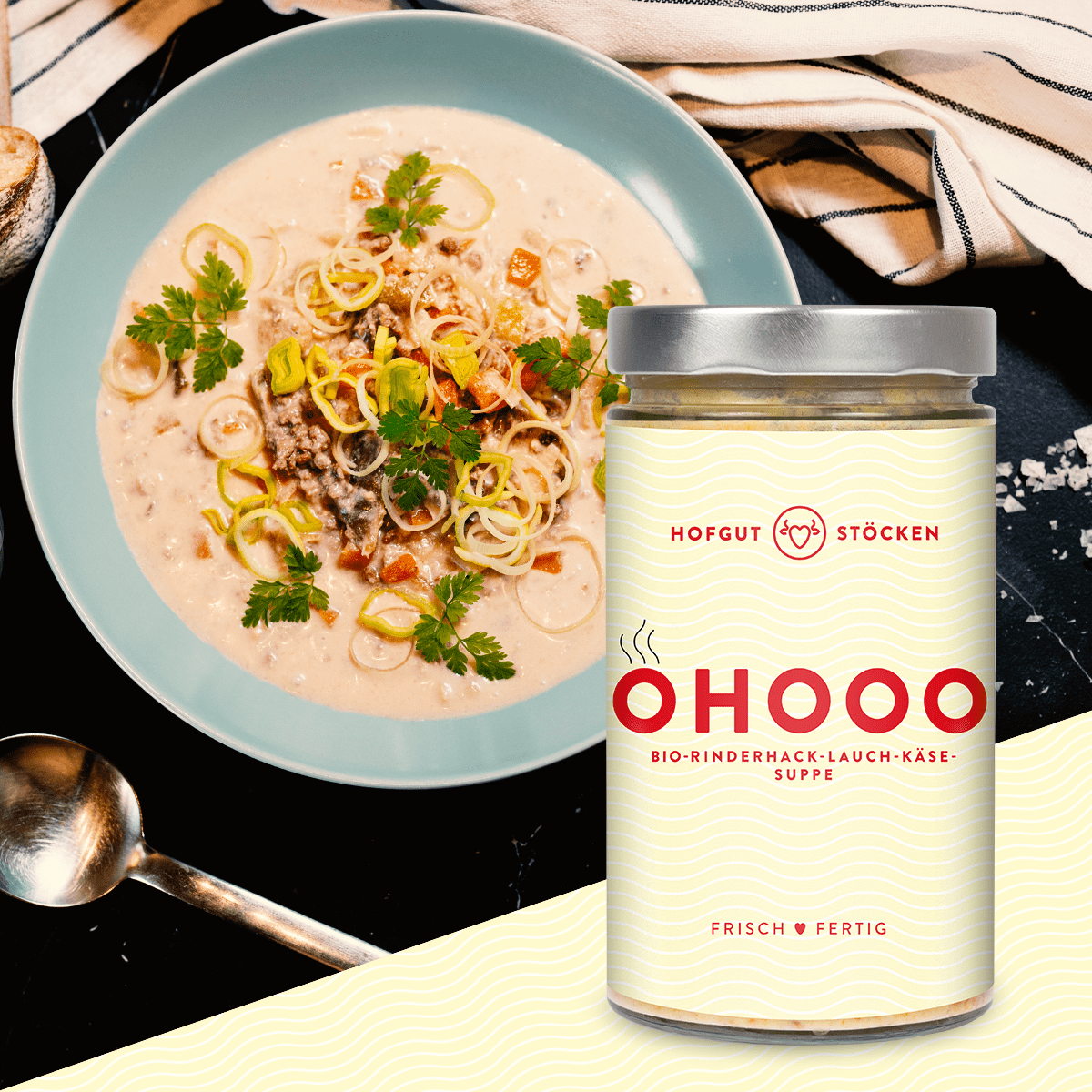 OHOOO – Bio-Rinderhack-Lauch-Käse-Suppe